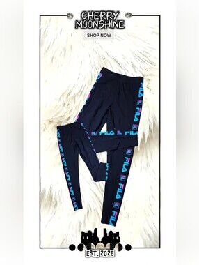 FILA Black Leggings with Blue & Pink Logo Stripe Y2K Style